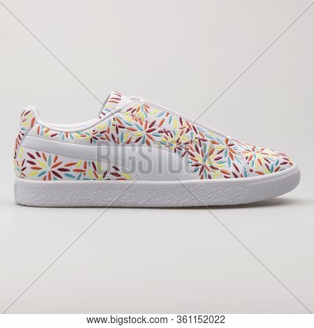 Vienna, Austria - August 22, 2017: Puma Clyde Fashion Kiku Fm White Sneaker On White Background.