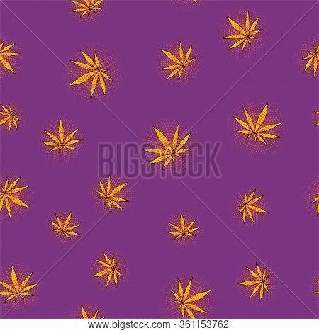 Yellow Glowing Cannabis Leaves With Dots Pop Art On Purple Background Ringless Pattern