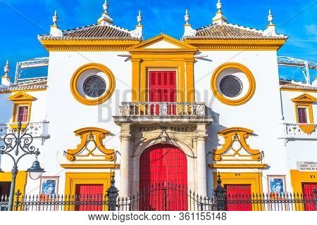 Seville, Andalusia, Spain - April 19, 2016: Baroque Facade Of Biggest Arena On Of Square Of Bulls Ro