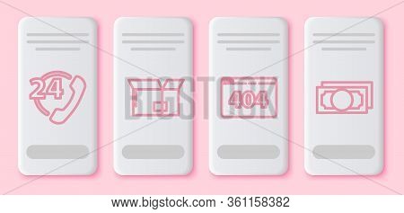 Set Line Telephone 24 Hours Support, Carton Cardboard Box, Page With A 404 Error And Stacks Paper Mo