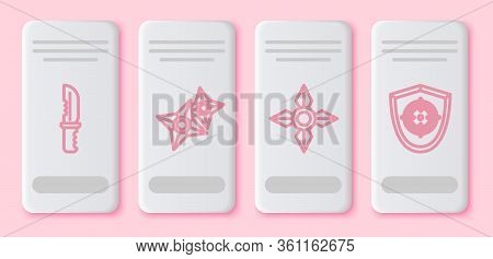 Set Line Military Knife, Japanese Ninja Shuriken, Japanese Ninja Shuriken And Target Sport. White Re