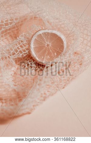 Cross Section Lemon Pink Slice Background Close-up Net Netting Packing Package