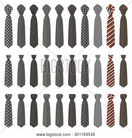 Illustration On Theme Big Set Ties Different Types, Neckties Various Size. Tie Pattern Consisting Of