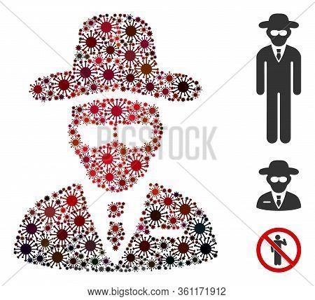 Collage Agent Composed Of Flu Virus Icons In Different Sizes, Red Colors. Vector Infection Icons Are