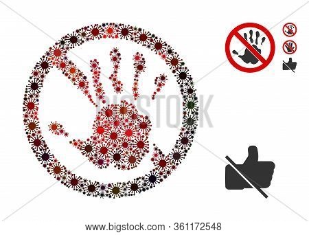 Mosaic No Hand Touch Constructed From Sars Virus Icons In Various Sizes, Red Colors. Vector Viral Ic