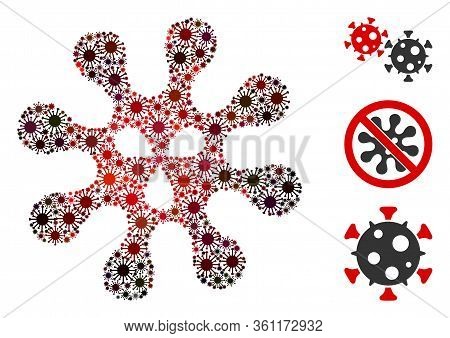 Collage Virus United From Coronavirus Icons In Variable Sizes, Red Colors. Vector Viral Parts Are Ar