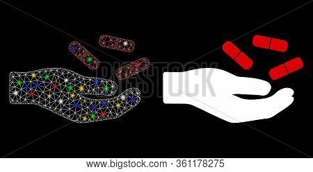 Glowing Mesh Hand With Pills With Glare Effect. Abstract Illuminated Model Of Hand With Pills Icon. 