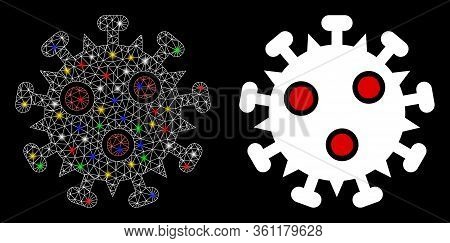 Bright Mesh Sars Virus With Glare Effect. Abstract Illuminated Model Of Sars Virus Icon. White Wire 