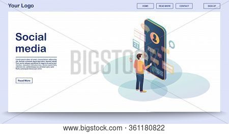Social Media Webpage Vector Template With Isometric Illustration. Website Interface Design. Online C