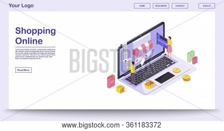 Online Shopping Webpage Vector Template With Isometric Illustration. Website Interface, Mobile App D