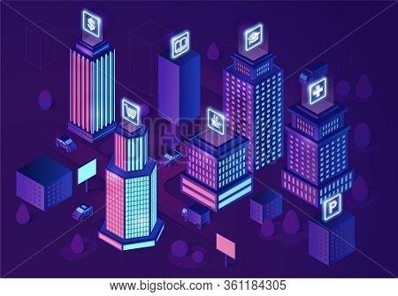 Smart City Isometric Architecture Concept. Modern Buildings. Futuristic City. 3d Infographics. Intel