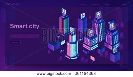 Smart City Isometric Architecture Concept. Neon Modern Buildings. Futuristic City. 3d Infographics. 