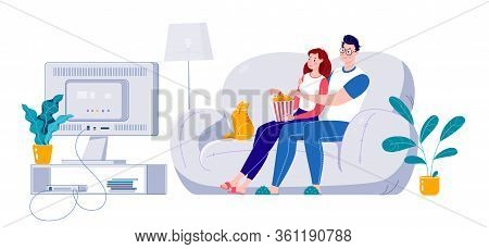 The Family Watches Tv. Vector. Flat Mul Style Illustration