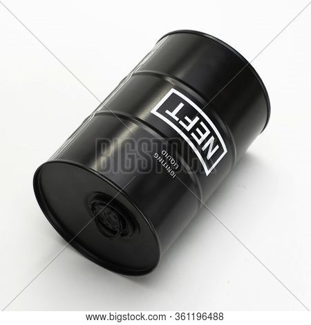 Black Iron Barrel With The Inscription Igniting Liquid Neft Lies On The White Background
