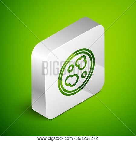 Isometric Line Petri Dish With Bacteria Icon Isolated On Green Background. Silver Square Button. Vec