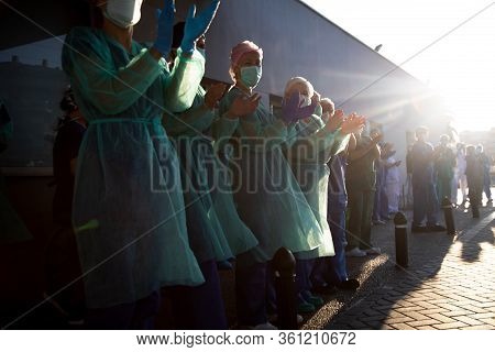 MÁLAGA, SPAIN - APRIL 10, 2020. Hospital Clínico de Málaga, Health personnel, the fighters against COVID19