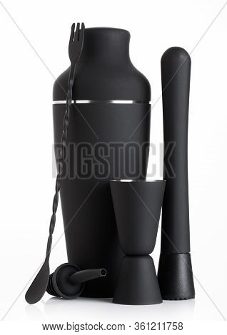 Luxury Matte Black Coloured Cocktail Set With Shaker And Muddler And Measuring Jigger With Spoon On 
