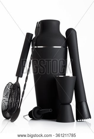 Luxury Matte Black Coloured Cocktail Set With Shaker And Strainer, Muddler And Measuring Jigger With