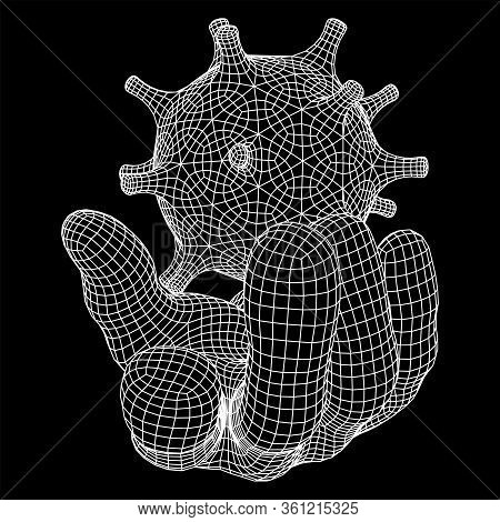 Human Arm Hand With Corona Virus Virion Of Coronavirus. Connection Structure. Vector Low Poly Wirefr