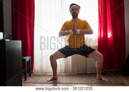 Man Working Out, Training, Goddess Pose, Temple Or Sumo Pose