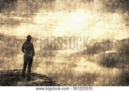 Discovery Pure Nature  Concept. Hiker Woman With Long Hair  Rises To The Mountain Top Against Backdr