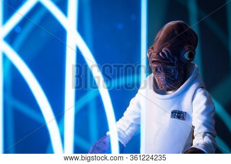 APRIL 13 2020: recreation of a scene from Star Wars depicting Admiral Ackbar looking at a tactical display on the rebel base at Yavin 4 - Hasbro action figures