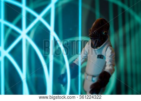 APRIL 13 2020: recreation of a scene from Star Wars depicting Admiral Ackbar looking at a tactical display on the rebel base at Yavin 4 - Hasbro action figures