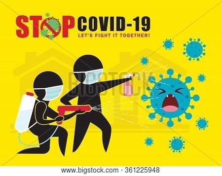 Stick Figure Man In Medical Face Mask  Spray Cleaning & Disinfecting Coronavirus, Covid-19. Preventi