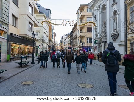 People Enjoying The Colorful Budapest Christmas Streets, Hungary