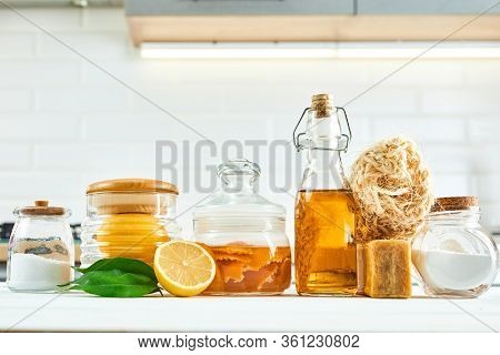 Natural Cleaning Tools: Soap, Vinegar, Salt, Lemon And Sodium Bicarbonate For House Keeping. Health 