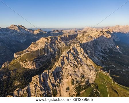 Aerial View Of Pizes De Cir Mountain Range And Gardena Pass, South Tyrol, Italy
