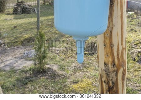 Country Washstand. Hand Washing In The Open Air. Countryside, Summer Cottage. Close-up.