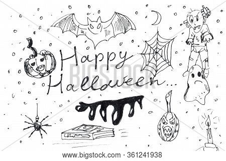 Cartoon Doodle Invitation With Black Happy Halloween On White Background.