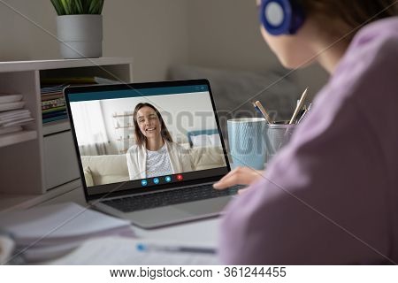 Two Girls Best Friends Chatting Using Virtual Modern Videoconference Application