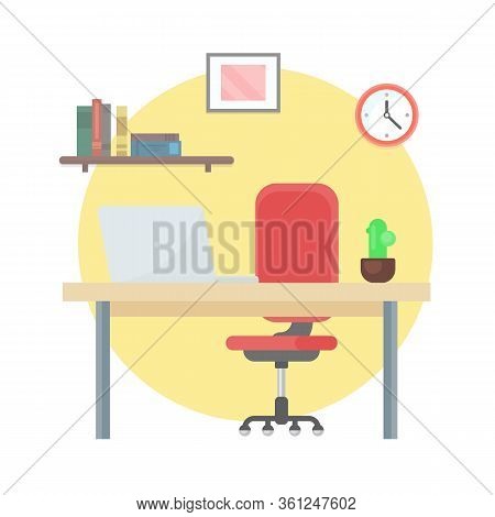 Workplace, Wooden Table With Personal Computer Vector. Isolated Desktop With Laptop, Business Applia