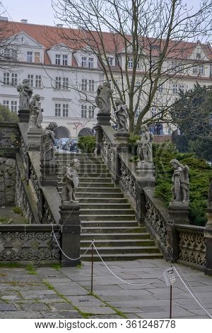 Prague, Czech Republic. March, 31, 2014. Prague Old Town, Stairs And Sculptures Near Loreto Sanctuar