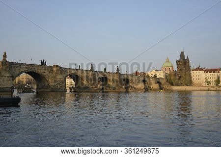 Prague, Czech Republic. April, 02, 2014. Charles Bridge Over Vltava River In Prague In Sunset
