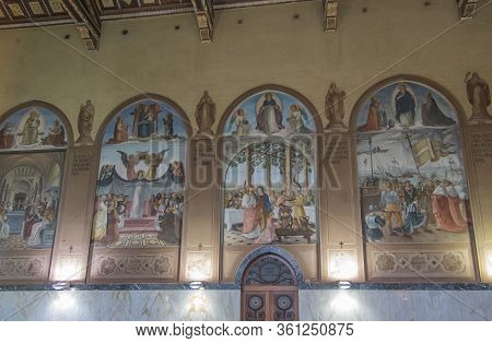 Ein Kerem, Jerusalem January 28 2020: Interior Of The Church Of The Visitation On The Site Of The Ho