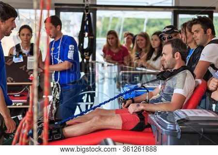 Sochi, Russia - June 7, 2015: Man With Go Pro Camera On His Wrist Is About To Jump 207 Meter Bungy A