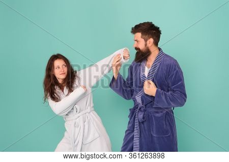 Defend Yourself. Sexy Girl Pick Fight With Hipster. Challenging Relations. Couple In Love Blue Backg
