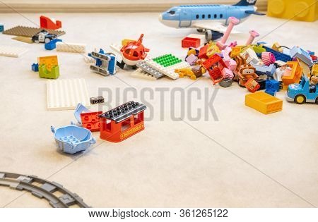 Kremenchuk, Ukraine : February 16, 2020 - Toys On The Floor, Railway And Lego