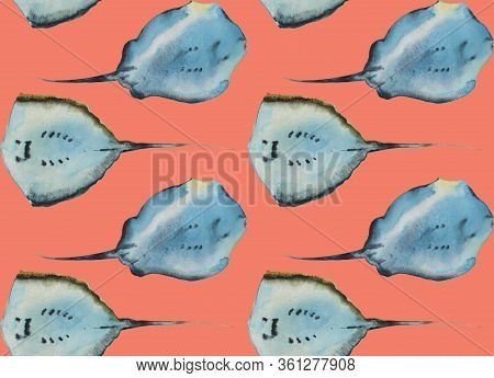 Watercolor Seamless Pattern With Two Stingray Fishes View From Bottom, On Pink Or Orange Background.
