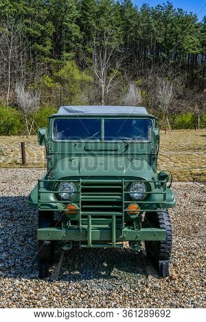 Hwanggan, South Korea; April 14, 2020: Olive Green K-111 Jeep Used In Korean War On Display At No Gu