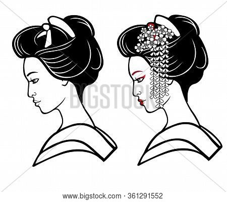 Two Portraits Of The Young Japanese Girl An Ancient Hairstyle. Geisha, Maiko, Princess.   Print, Pos