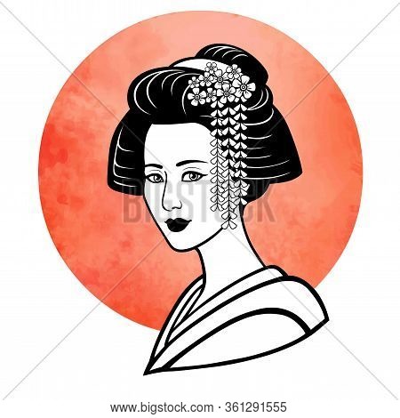 Realistic Portrait Of The Young Japanese Girl An Ancient Hairstyle. Geisha, Maiko, Princess. Backgro