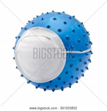 Picture Of A Symbolic Blue Virus Wearing A Face Mask In White Back