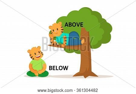 Words Above And Below Flashcard With Cartoon Animal Characters. Opposite Adverb Explanation Card. Fl