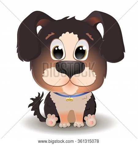 Vector Cute Brown Dog With Big Eyes In Cartoon Style. Berner Sennenhund Puppy Sits And Smiles. Flat 
