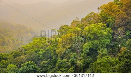 Tropical Forest With Mountains And Majestic Orange Sky And Clouds. Camping Site At Maewong National 