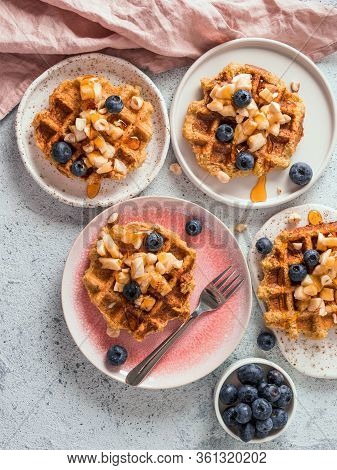 Easy Healthy Gluten Free Oat Waffles With Copy Space. Plates With Appetizing Homemade Waffles With O